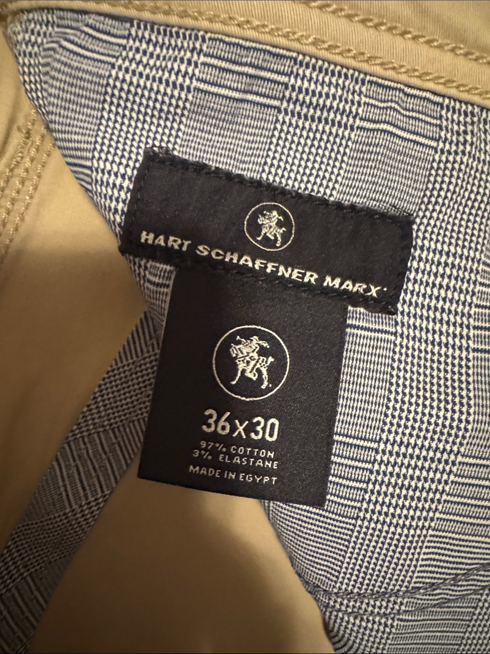Hart Schaffner Marx Tan Pants with Blue Glen Plaid Lining Tag